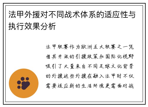 法甲外援对不同战术体系的适应性与执行效果分析