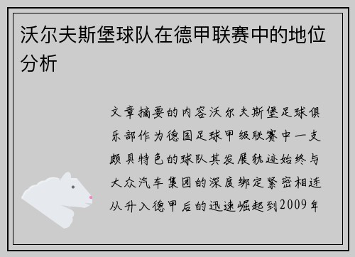 沃尔夫斯堡球队在德甲联赛中的地位分析
