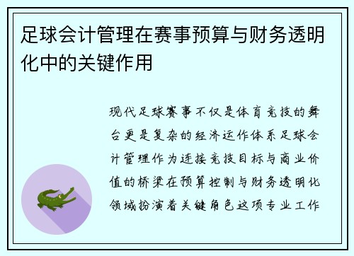 足球会计管理在赛事预算与财务透明化中的关键作用